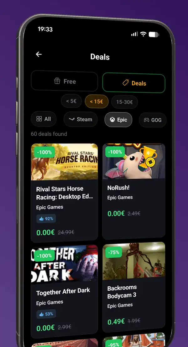 Trish deals tab with discounts from Epic Games, Steam and GOG